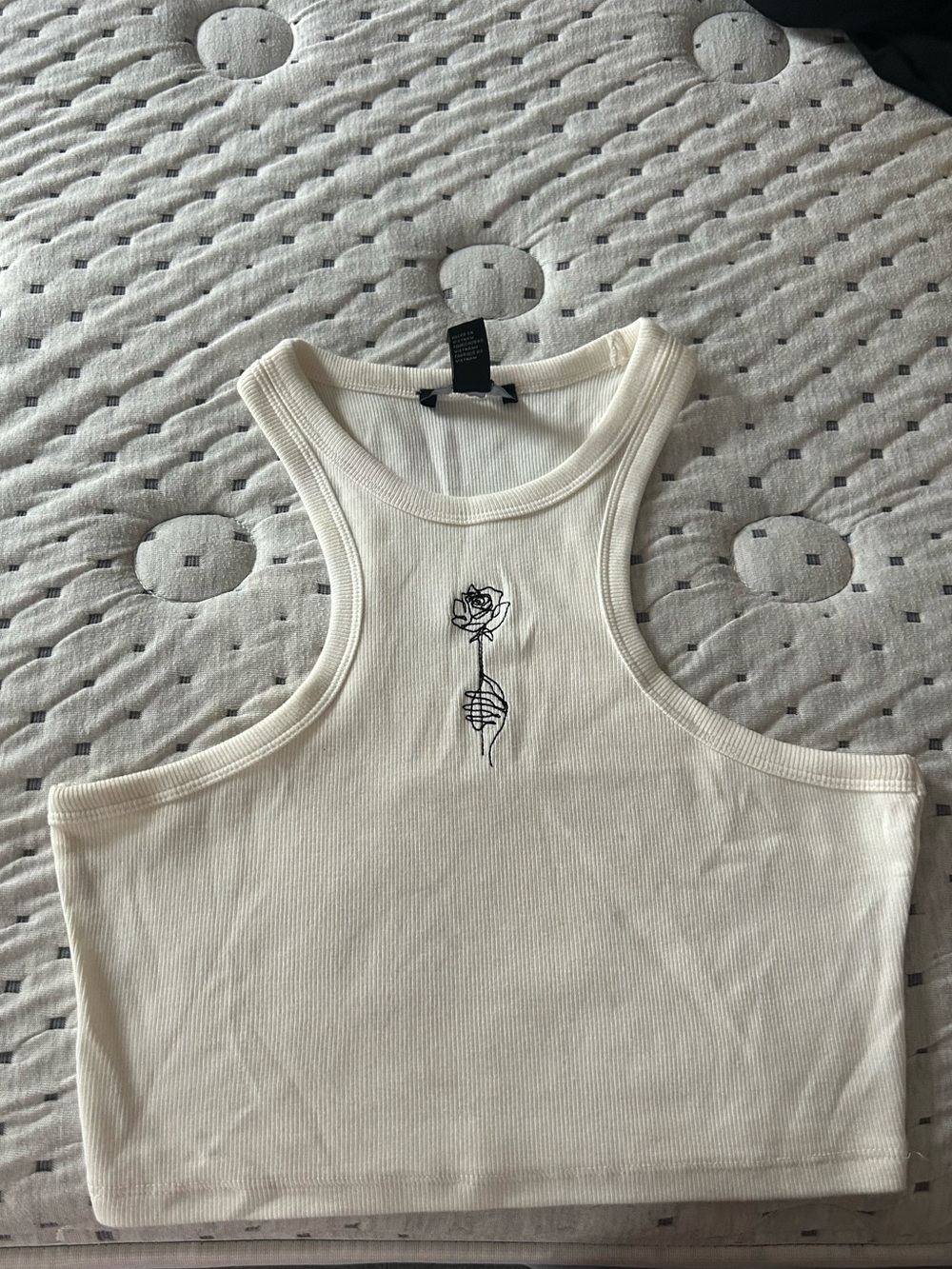 Forever 21 Cream Ribbed Cropped Tank with Black Rose Graphic